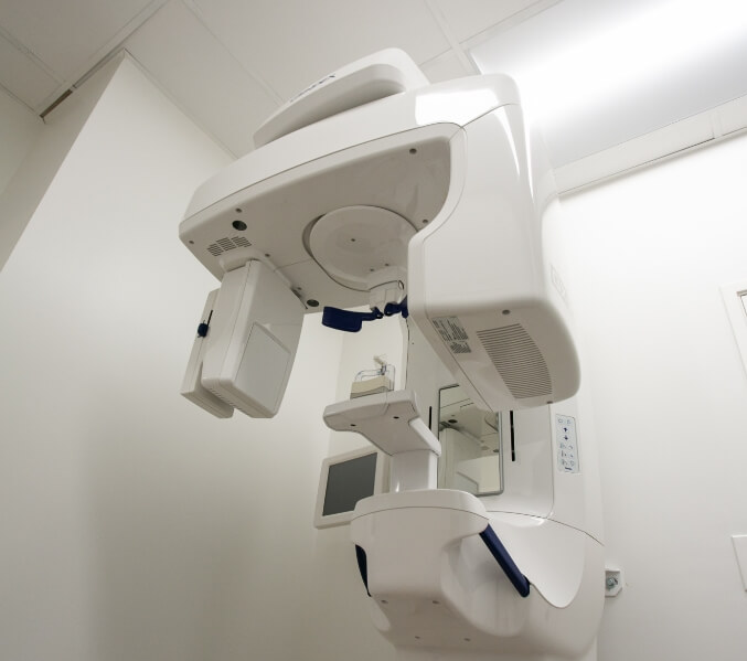 Underside of 3 D C T cone beam digital x-ray scanner